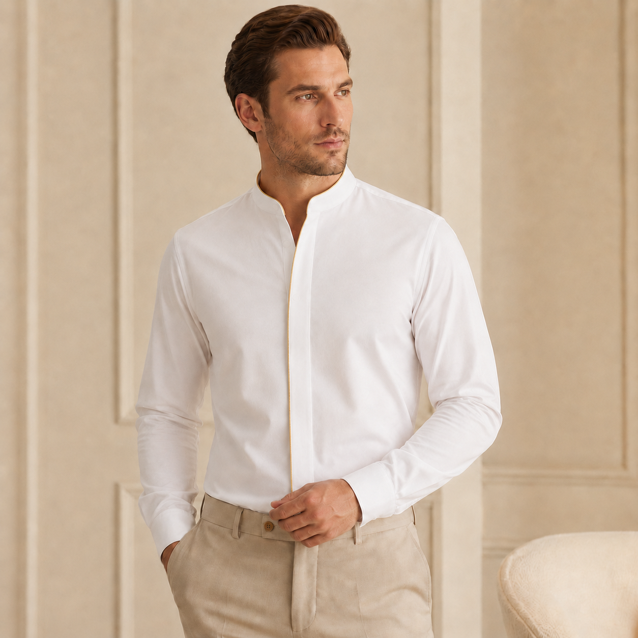 Men's Band Collar Dress Shirt With Gold Trim – STANLEY MAX